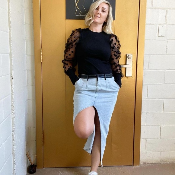 Kate Hewko Denim Skirt High Front Slit Raw Hem Faux Leather Detail Size Small - Picture 11 of 11